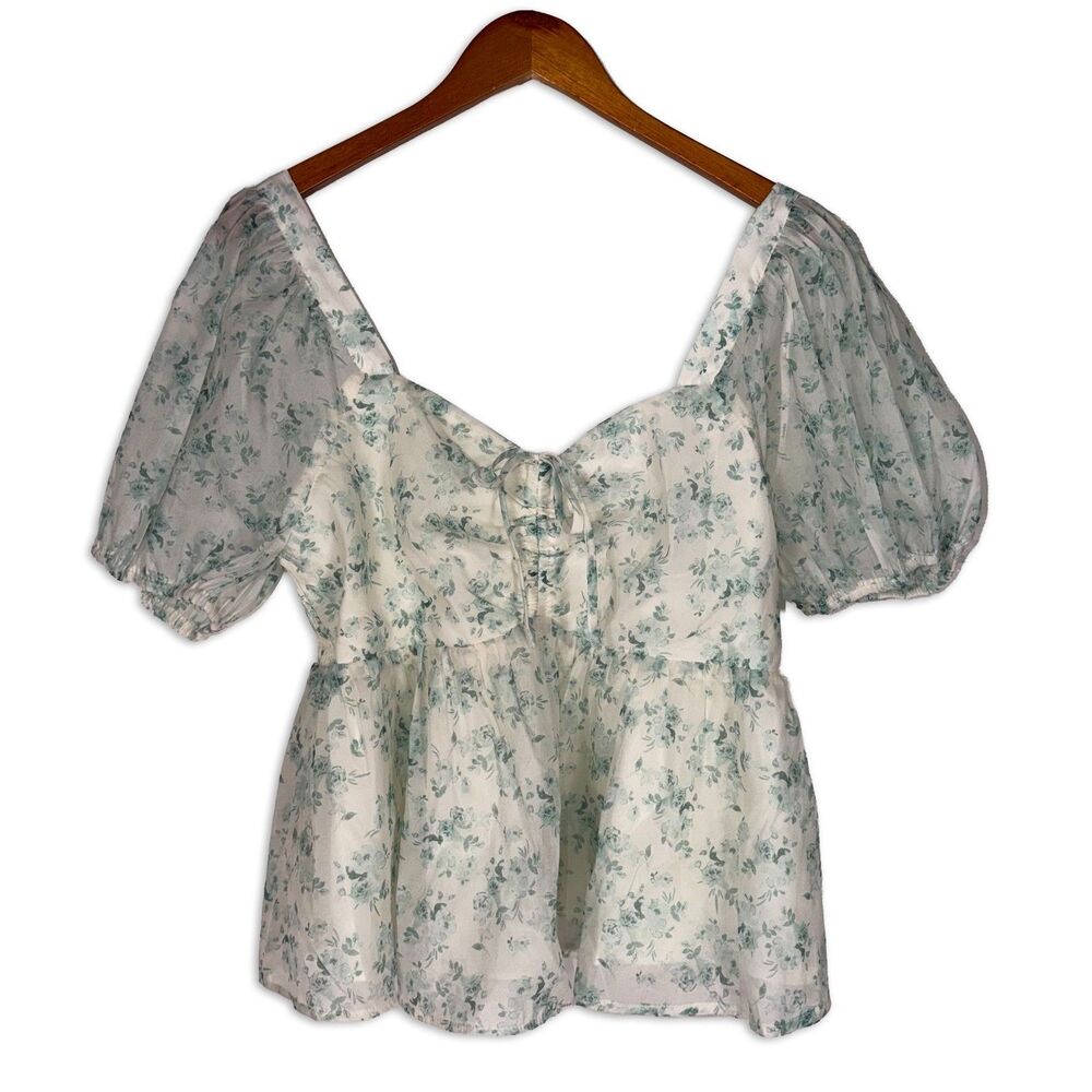 Arula Green Floral Babydoll Top Size X XL Cottagecore Puff Sleeve Blouse